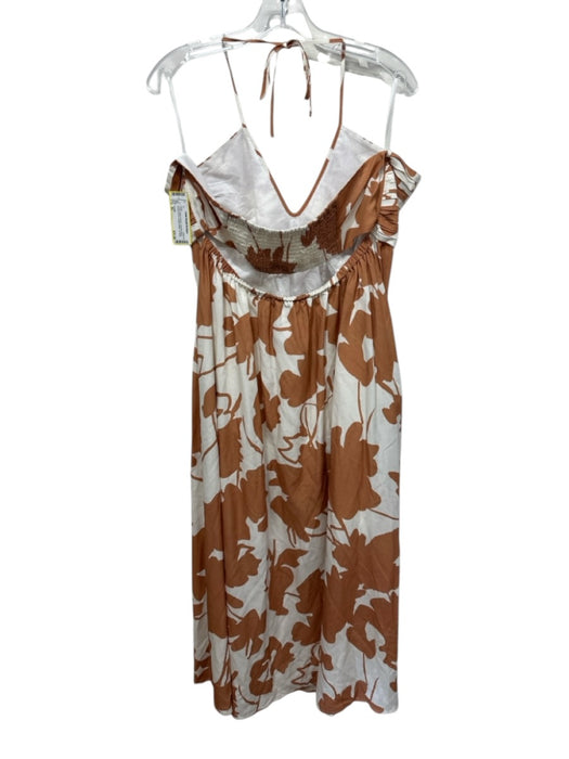 Crosby Size XL Cream White & Brown Viscose Blend Abstract Print Tie Neck Dress Cream White & Brown / XL