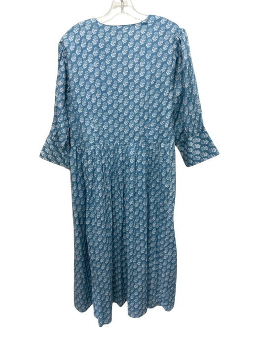 Livro Size L Blue & White Cotton Abstract Floral V Neck 1/2 sleeve Dress Blue & White / L