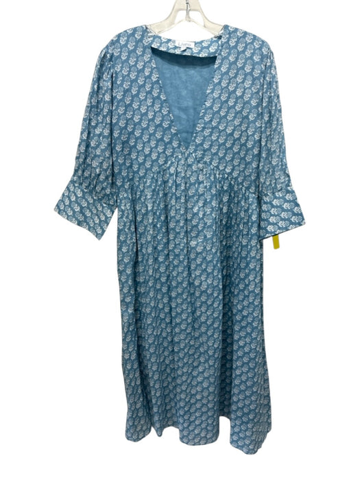 Livro Size L Blue & White Cotton Abstract Floral V Neck 1/2 sleeve Dress Blue & White / L