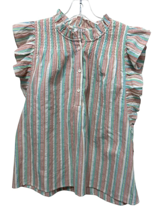 Joy Joy Size L Blue, Pink & Multi Cotton Blend Striped Ruffle Cap Sleeve Top Blue, Pink & Multi / L