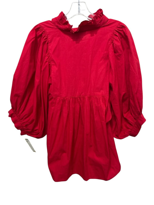 Never a Wallflower Size L Red Cotton V Neck 1/2 Balloon Sleeve Ruffle Neck Top Red / L