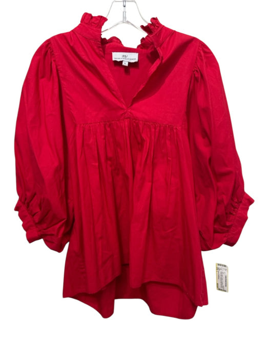Never a Wallflower Size L Red Cotton V Neck 1/2 Balloon Sleeve Ruffle Neck Top Red / L