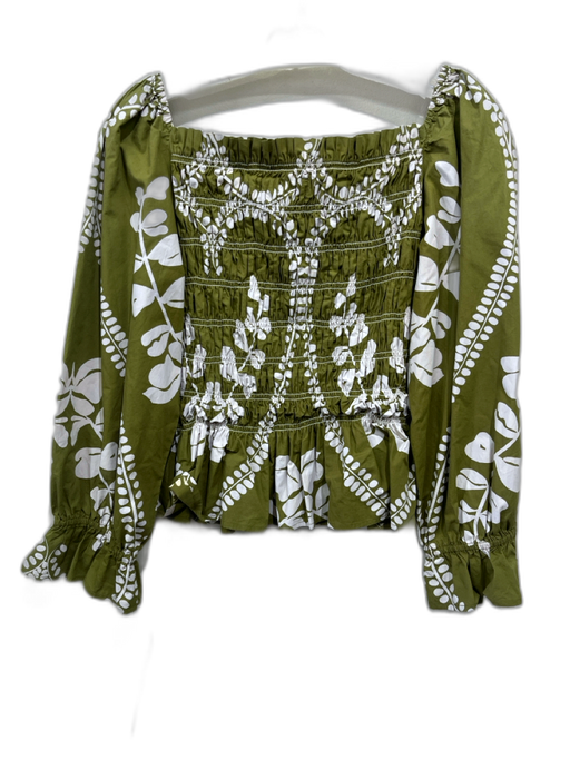 Beyond by Vera Size L Green & White Cotton Long puff sleeve Botanical Print Top Green & White / L