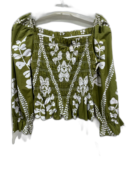 Beyond by Vera Size L Green & White Cotton Long puff sleeve Botanical Print Top Green & White / L