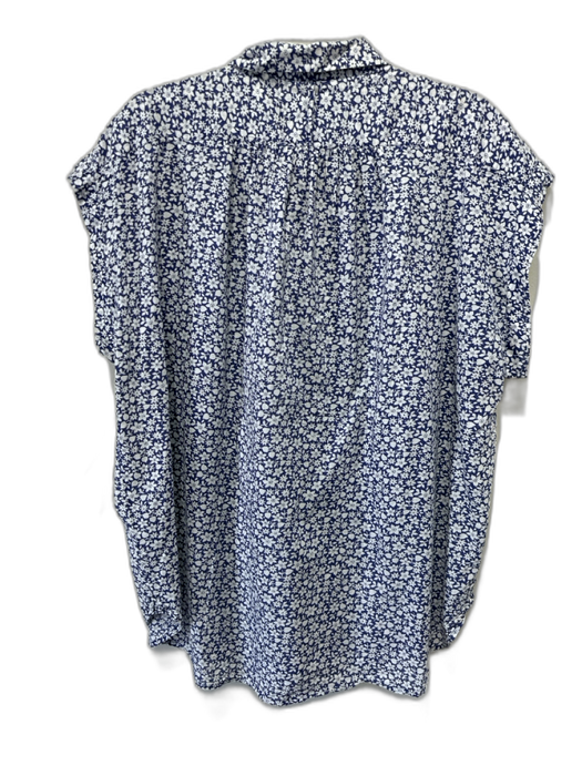 Nili Lotan Size L Blue & White Cotton Cap Sleeve Floral Print Blouse Top Blue & White / L