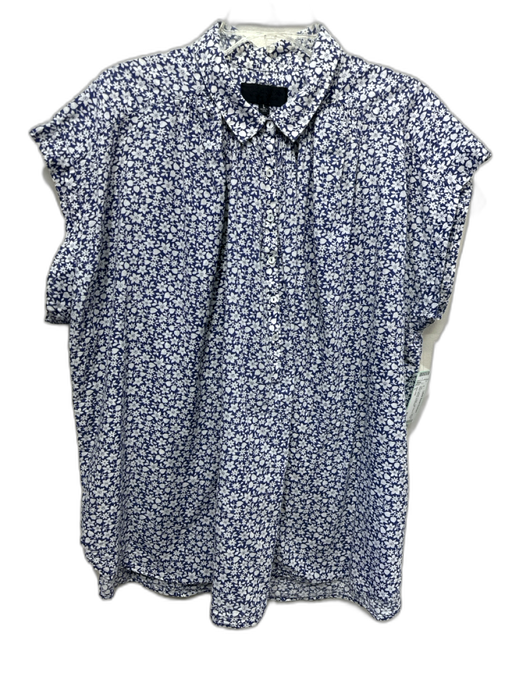 Nili Lotan Size L Blue & White Cotton Cap Sleeve Floral Print Blouse Top Blue & White / L