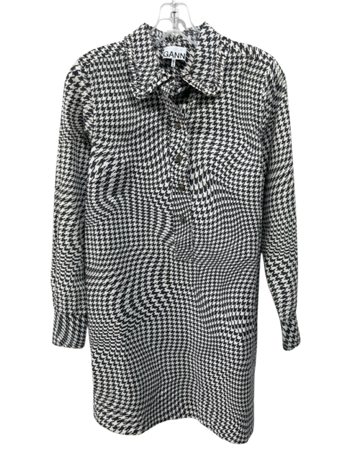 Ganni Size 36 White & Gray Cotton Houndstooth Half Button Long Sleeve Dress White & Gray / 36