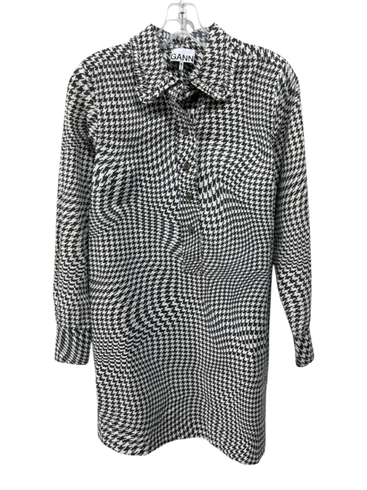 Ganni Size 36 White & Gray Cotton Houndstooth Half Button Long Sleeve Dress White & Gray / 36