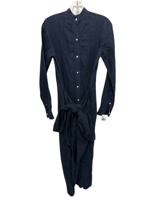 Ann Mashburn Size XS Navy Blue Linen Long Sleeve Button Front Waist Wrap Dress Navy Blue / XS