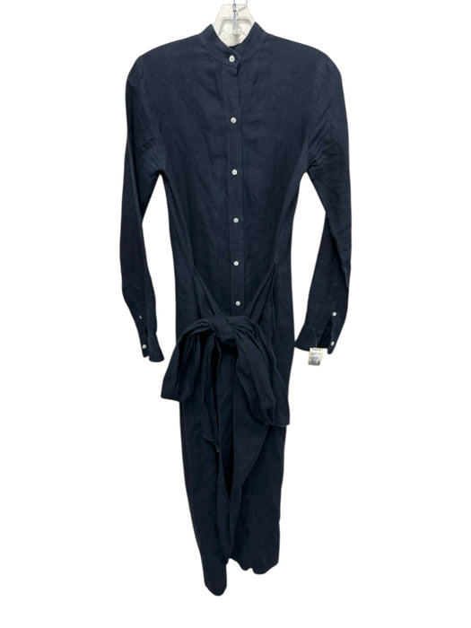 Ann Mashburn Size XS Navy Blue Linen Long Sleeve Button Front Waist Wrap Dress Navy Blue / XS