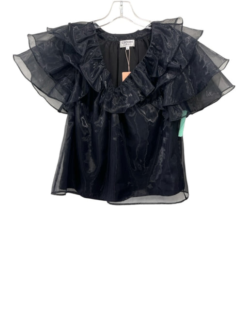 Crosby Size XS Black Polyester Ruffle Cap Sleeve V Neck Sheer Overlay Top Black / XS