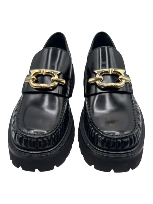 Ferragamo Shoe Size 9 Black Patent Leather Square Toe Gold detail Loafers Black / 9