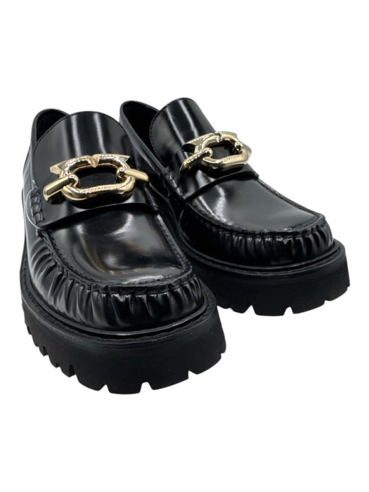 Ferragamo Shoe Size 9 Black Patent Leather Square Toe Gold detail Loafers Black / 9