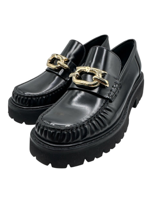 Ferragamo Shoe Size 9 Black Patent Leather Square Toe Gold detail Loafers Black / 9