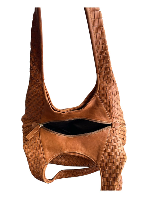 LALO Camel Leather Weaved Double Halter Shoulder Zip Close Bag Camel / Medium