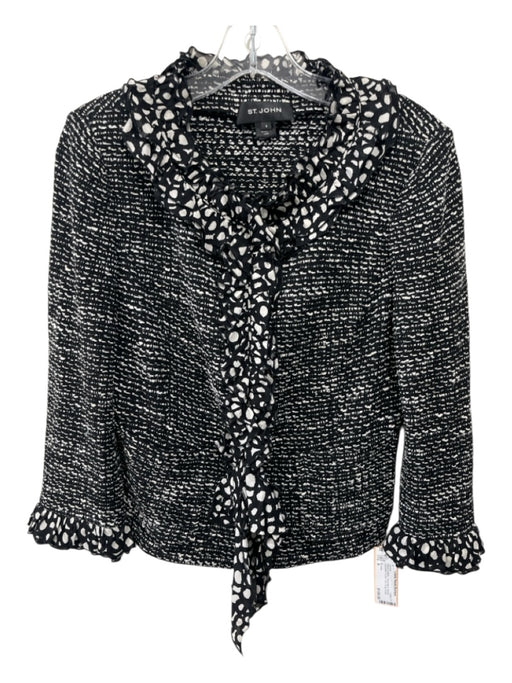 St John Size 6 Black & White Wool Blend Boucle Speckled Ruffle Trim Jacket Black & White / 6