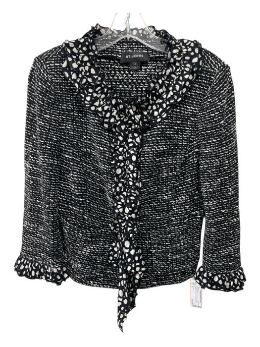 St John Size 6 Black & White Wool Blend Boucle Speckled Ruffle Trim Jacket Black & White / 6