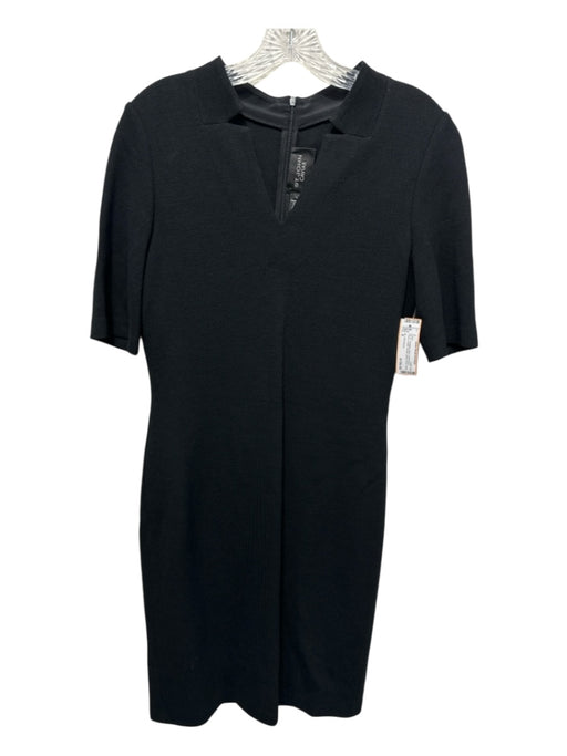 St. John Caviar Size 6 Black Wool Blend Pique V Neck Sheath Below knee Dress Black / 6
