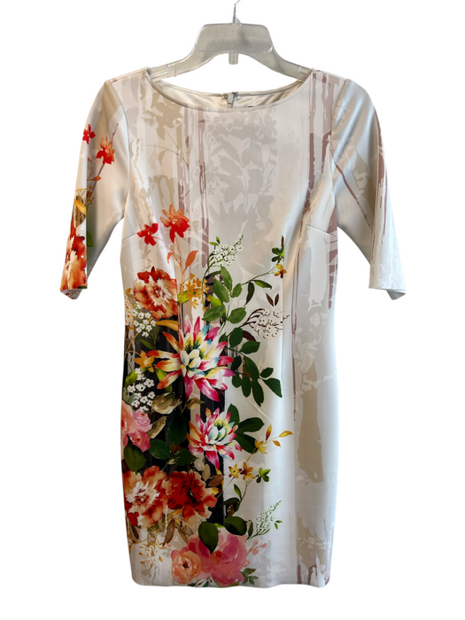 Teri Jon Size 4 Multi Polyester Short Sleeve Floral Detail Round Neck Dress Multi / 4