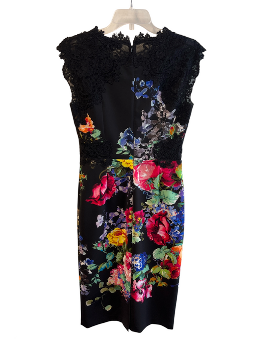 Teri Jon Size 6 Black & Multi Polyester Cap Sleeve Floral Print Back Zip Dress Black & Multi / 6