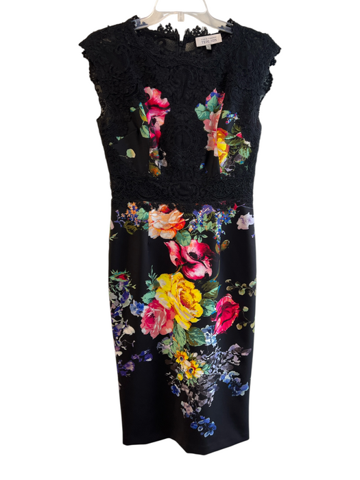 Teri Jon Size 6 Black & Multi Polyester Cap Sleeve Floral Print Back Zip Dress Black & Multi / 6