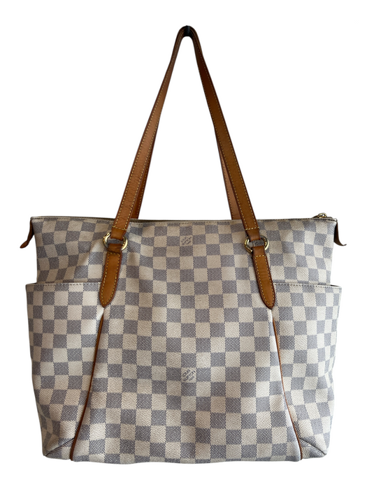 Louis Vuitton Blue & Beige Leather Trim Canvas Checkered Side Pocket Bag Blue & Beige / L