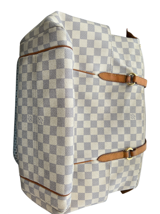 Louis Vuitton Blue & Beige Leather Trim Canvas Checkered Side Pocket Bag Blue & Beige / L