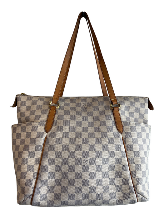 Louis Vuitton Blue & Beige Leather Trim Canvas Checkered Side Pocket Bag Blue & Beige / L