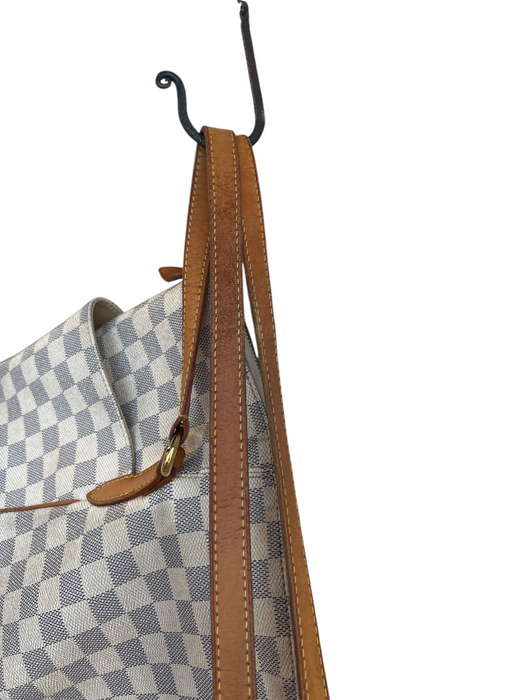 Louis Vuitton Blue & Beige Leather Trim Canvas Checkered Side Pocket Bag Blue & Beige / L