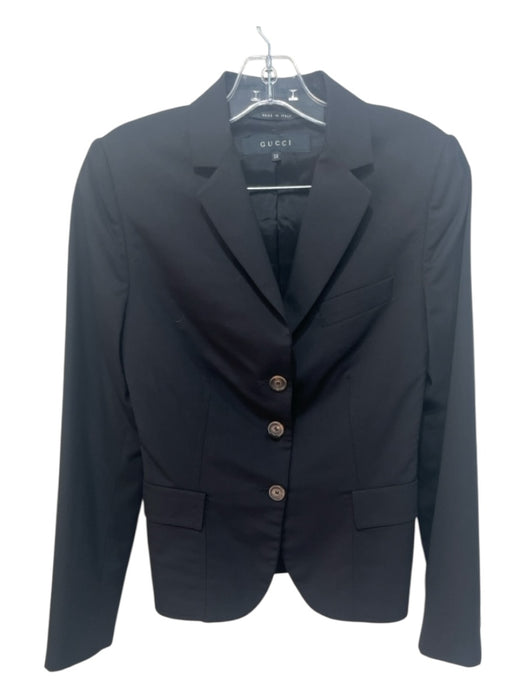 Gucci Size 38 Black Wool 3 Button Flap Pockets Shoulder Pads Blazer Jacket Black / 38