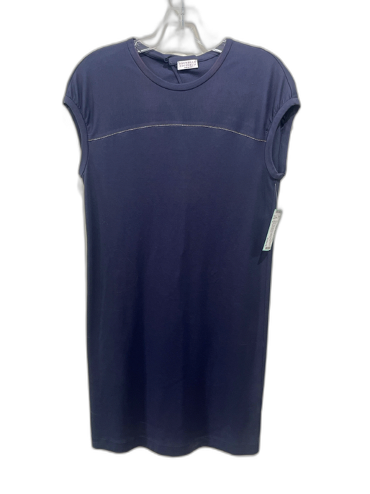 Brunello Cucinelli Size S Navy Blue Cotton Blend Cap Sleeve Beaded Detail Dress Navy Blue / S