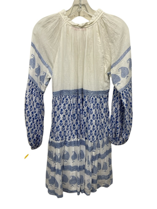 Oliphant Size S White & Blue Cotton Long Balloon Sleeve Pattern Block Tie Dress White & Blue / S