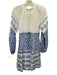 Oliphant Size S White & Blue Cotton Long Balloon Sleeve Pattern Block Tie Dress White & Blue / S