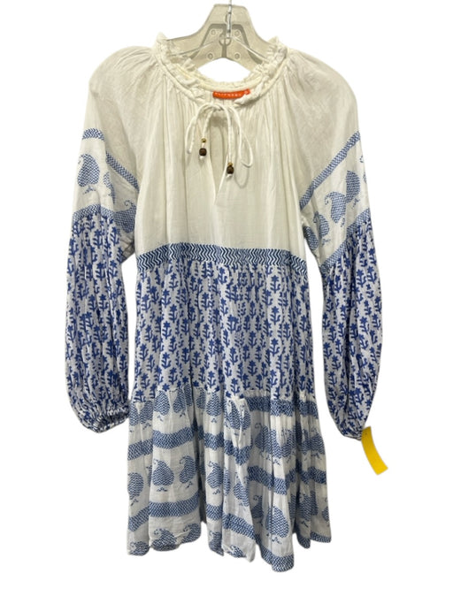 Oliphant Size S White & Blue Cotton Long Balloon Sleeve Pattern Block Tie Dress White & Blue / S