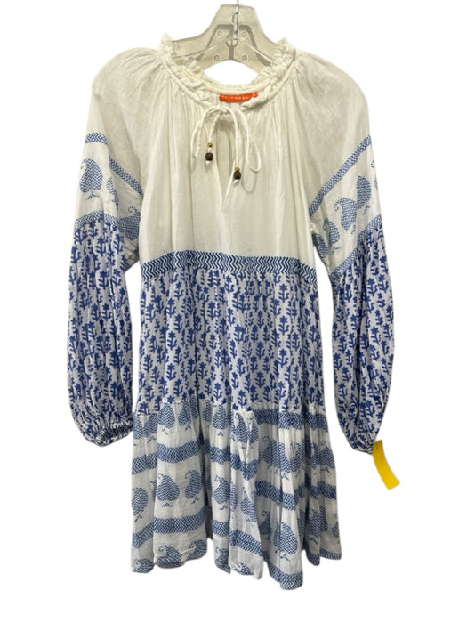 Oliphant Size S White & Blue Cotton Long Balloon Sleeve Pattern Block Tie Dress White & Blue / S