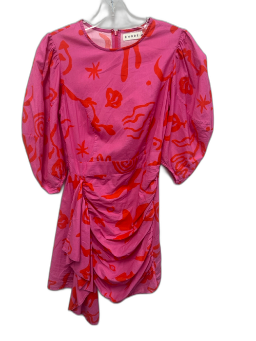 Rhode Size 0 Pink & Orange Cotton Doodle Print 3/4 Balloon Sleeve Back Zip Dress Pink & Orange / 0