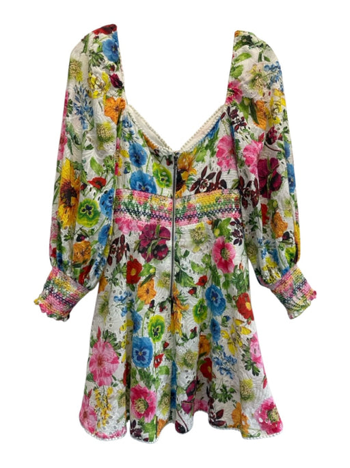 Alice + Olivia Size 2 White & Multi Cotton Floral Eyelet Elastic Waist Dress White & Multi / 2