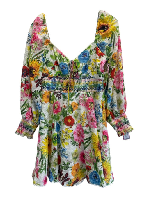 Alice + Olivia Size 2 White & Multi Cotton Floral Eyelet Elastic Waist Dress White & Multi / 2