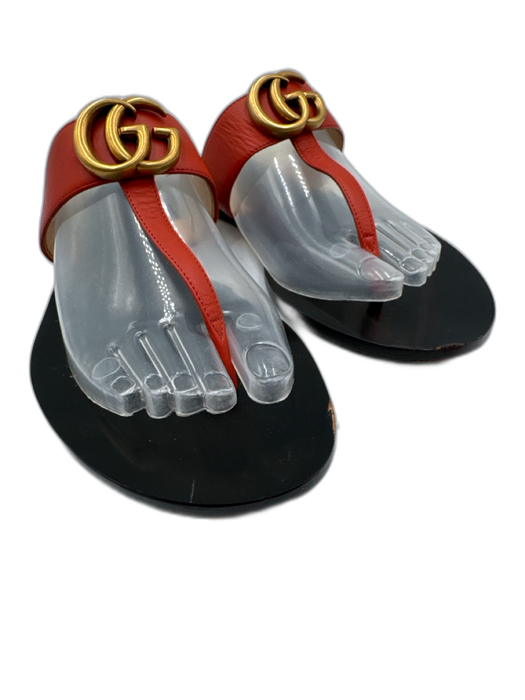 Gucci Shoe Size 38.5 Red, Gold & Black Leather Thong Double G Marmont Sandals Red, Gold & Black / 38.5