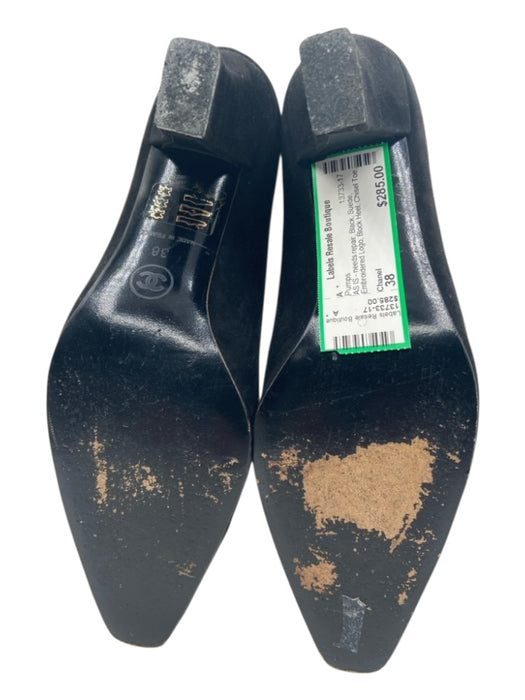 Chanel Shoe Size 38 Black Suede Embroidered Logo Block Heel Chisel Toe Pumps Black / 38