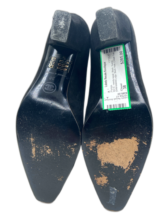 Chanel Shoe Size 38 Black Suede Embroidered Logo Block Heel Chisel Toe Pumps Black / 38