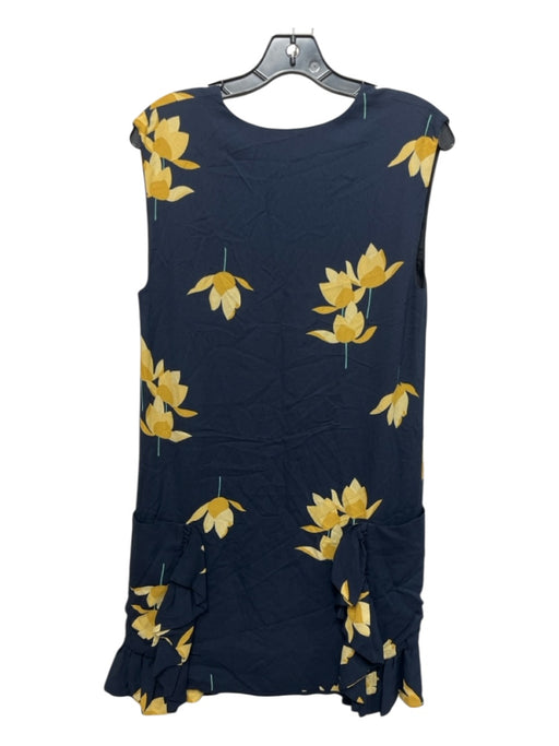 Marni Size 38 Navy Blue & Yellow Viscose V Neck Floral Print Front Pockets Dress Navy Blue & Yellow / 38