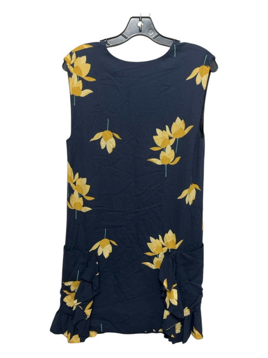 Marni Size 38 Navy Blue & Yellow Viscose V Neck Floral Print Front Pockets Dress Navy Blue & Yellow / 38
