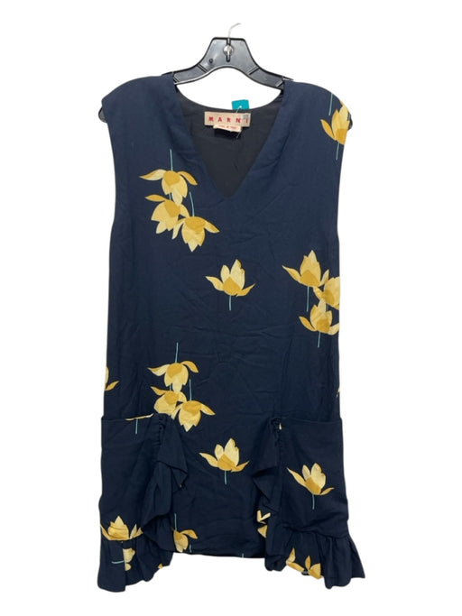Marni Size 38 Navy Blue & Yellow Viscose V Neck Floral Print Front Pockets Dress Navy Blue & Yellow / 38