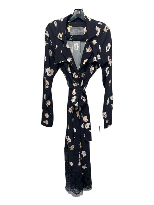 Lela Rose Black & Multi Synthetic floral print Belted Lace Trim Scalloped Dress Black & Multi