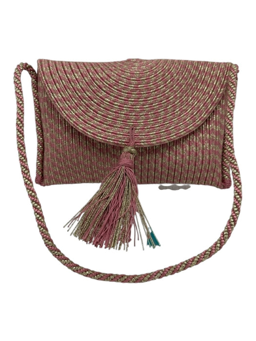 Rebecca De Ravenel Pink & Gold Textile Shimmer Tassel Braided Bag Pink & Gold