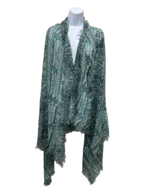 Chan Luu Teal, White, Black All Over Print Fray Detail scarf Teal, White, Black / One Size