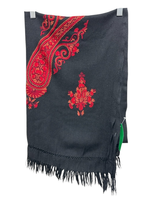 Black, Red, Orange Fringe Floral Embroidery Rectangle scarf Black, Red, Orange