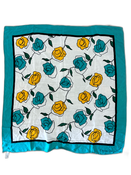 Christian Dior Teal, Yellow & White Silk Rose Square scarf Teal, Yellow & White