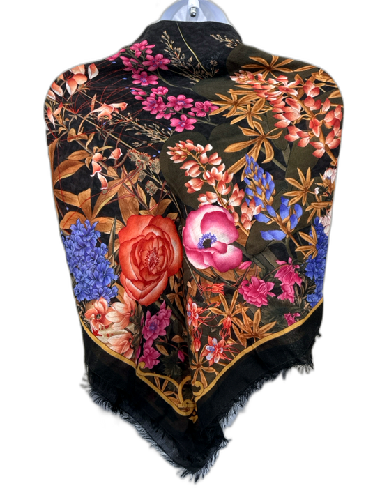 Salvatore Ferragamo Black & Multi Floral Embroidered Frayed Hem Square scarf Black & Multi / Large